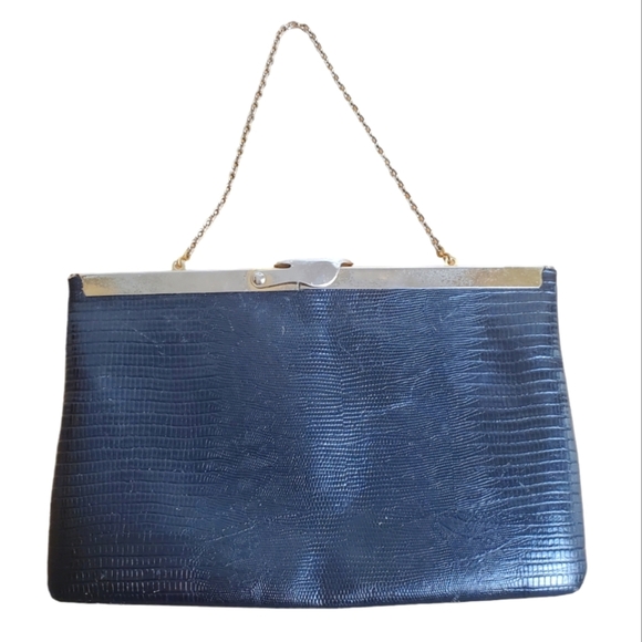Vntg Etra Purse / Clutch. Genuine leather, croc embossed. Black with gold hardwa - Picture 1 of 10